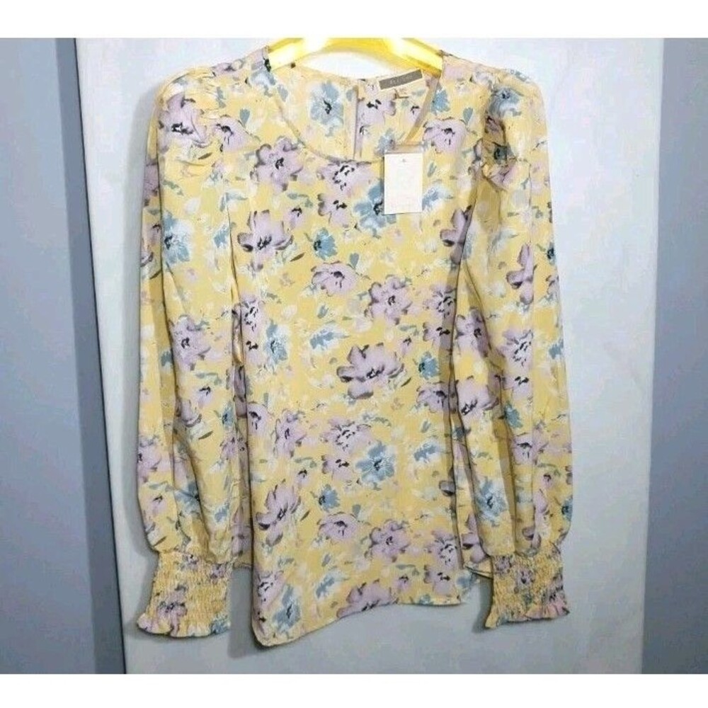 Womens Pastel Floral Top Size S Yellow Long Puff Sleeve NWT Cottagecore Romantic